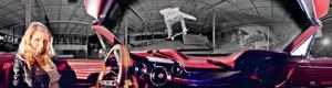 Skateboard jump over a car in panoramic photography